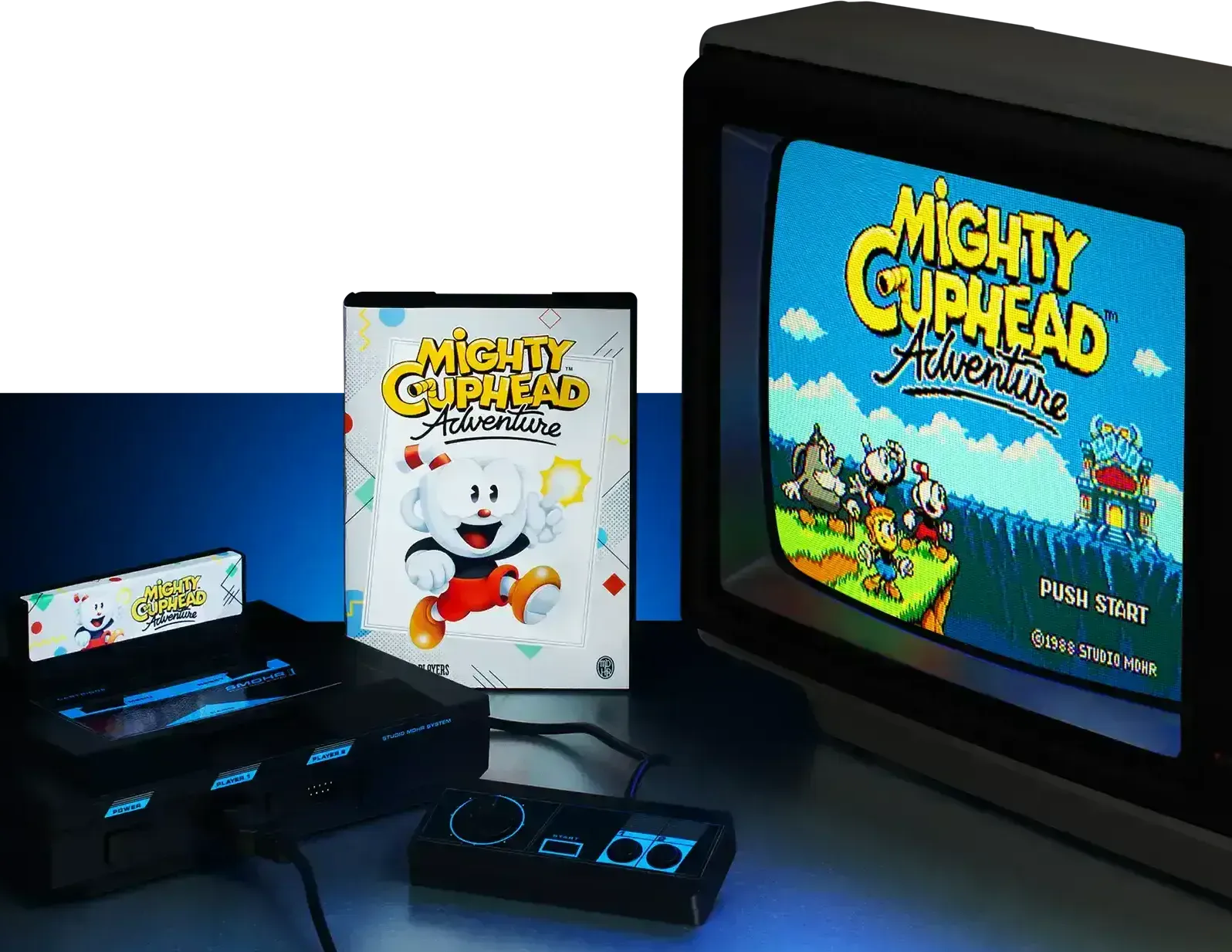 Mighty Cuphead Adventure being played on an 8-bit console and CRT TV